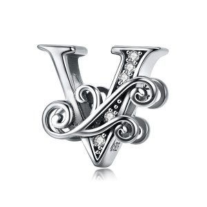 (kuva) Pandora-tyylinen Kimaltava Pavé -kukka V -kirjain -riipus - BSC030-V