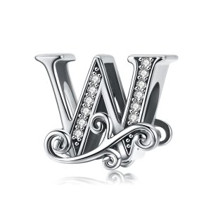 (kuva) Pandora-tyylinen Kimaltava Pavé Kukka W-kirjain Charm - BSC030-W