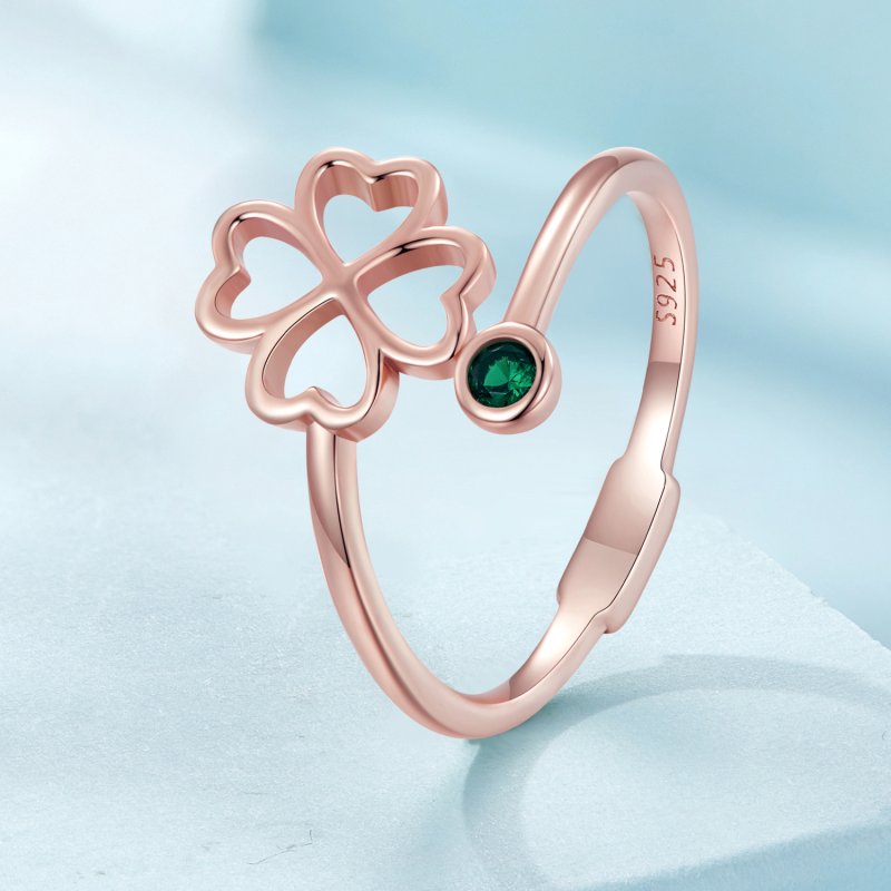 (kuva) Pandora-tyylinen ruusukultainen neliapilan lehti Open Ring - SCR843-C - Näytä 2