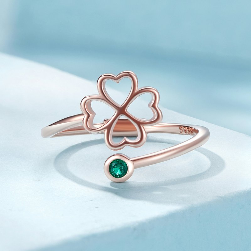 (kuva) Pandora-tyylinen ruusukultainen neliapilan lehti Open Ring - SCR843-C - Näytä 3