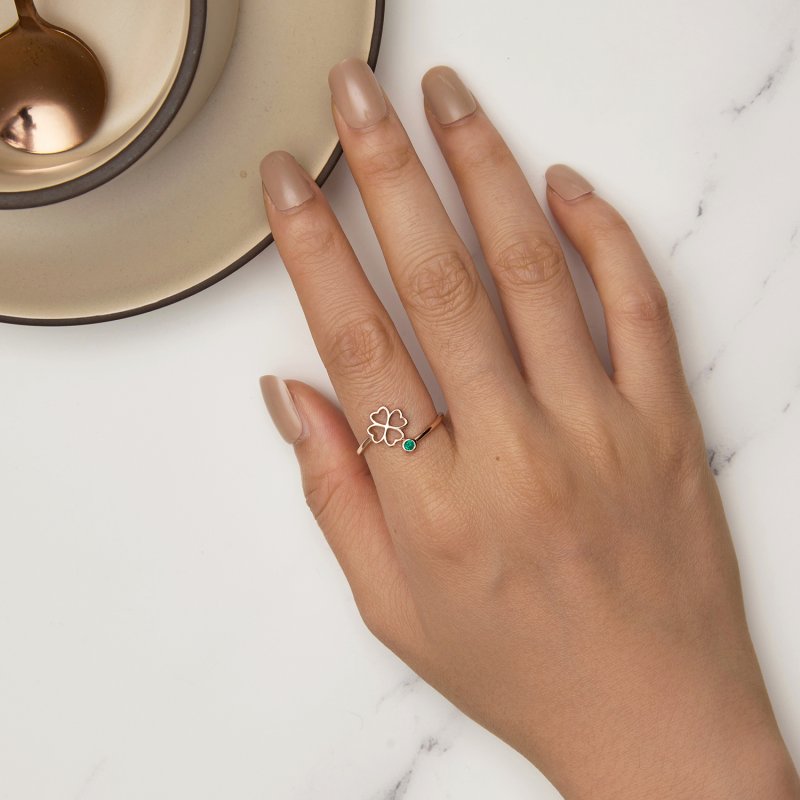 (kuva) Pandora-tyylinen ruusukultainen neliapilan lehti Open Ring - SCR843-C - Näytä 5