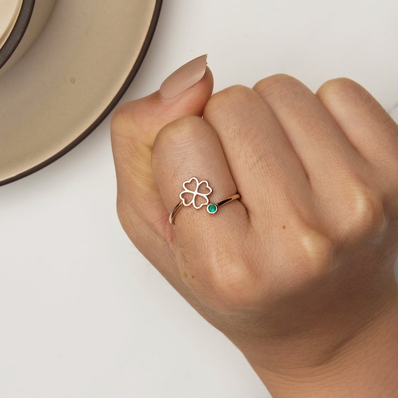 (kuva) Pandora-tyylinen ruusukultainen neliapilan lehti Open Ring - SCR843-C - Näytä 6