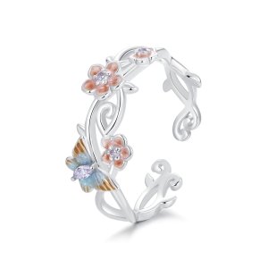 (kuva) PANDORA-tyylinen romanttinen Sakura-perhonen avosormus - BSR538-E