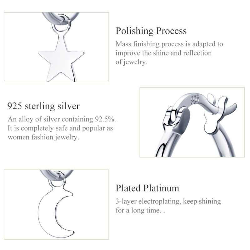 (kuva) Pandora Style Silver Star and Moon Asymmetry Hanging Earrings - SCE681 - Näytä 3
