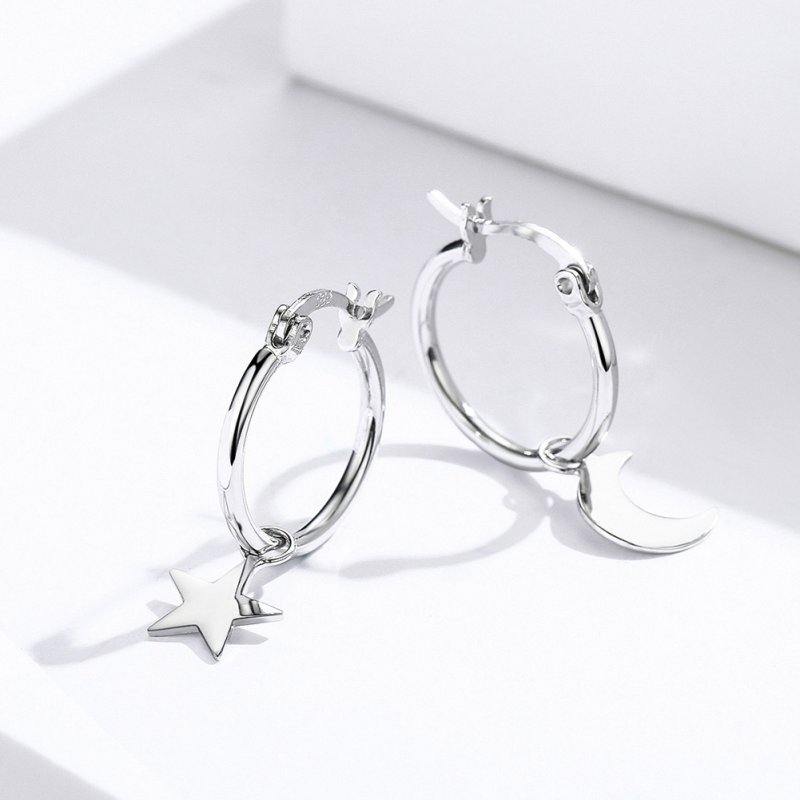 (kuva) Pandora Style Silver Star and Moon Asymmetry Hanging Earrings - SCE681 - Näytä 2