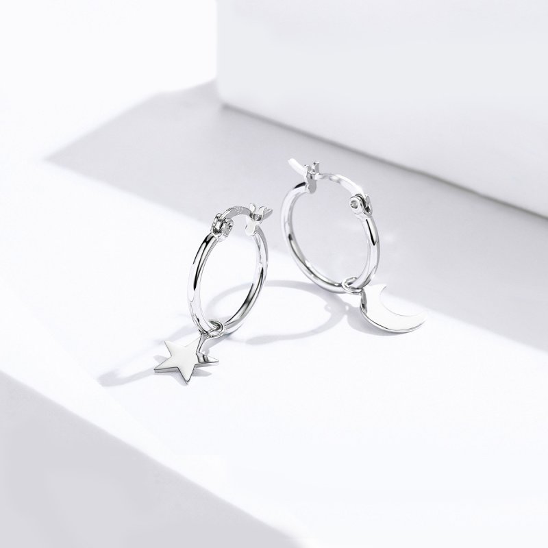 (kuva) Pandora Style Silver Star and Moon Asymmetry Hanging Earrings - SCE681 - Näytä 4