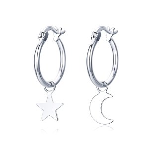 (kuva) Pandora Style Silver Star and Moon Asymmetry Hanging Earrings - SCE681